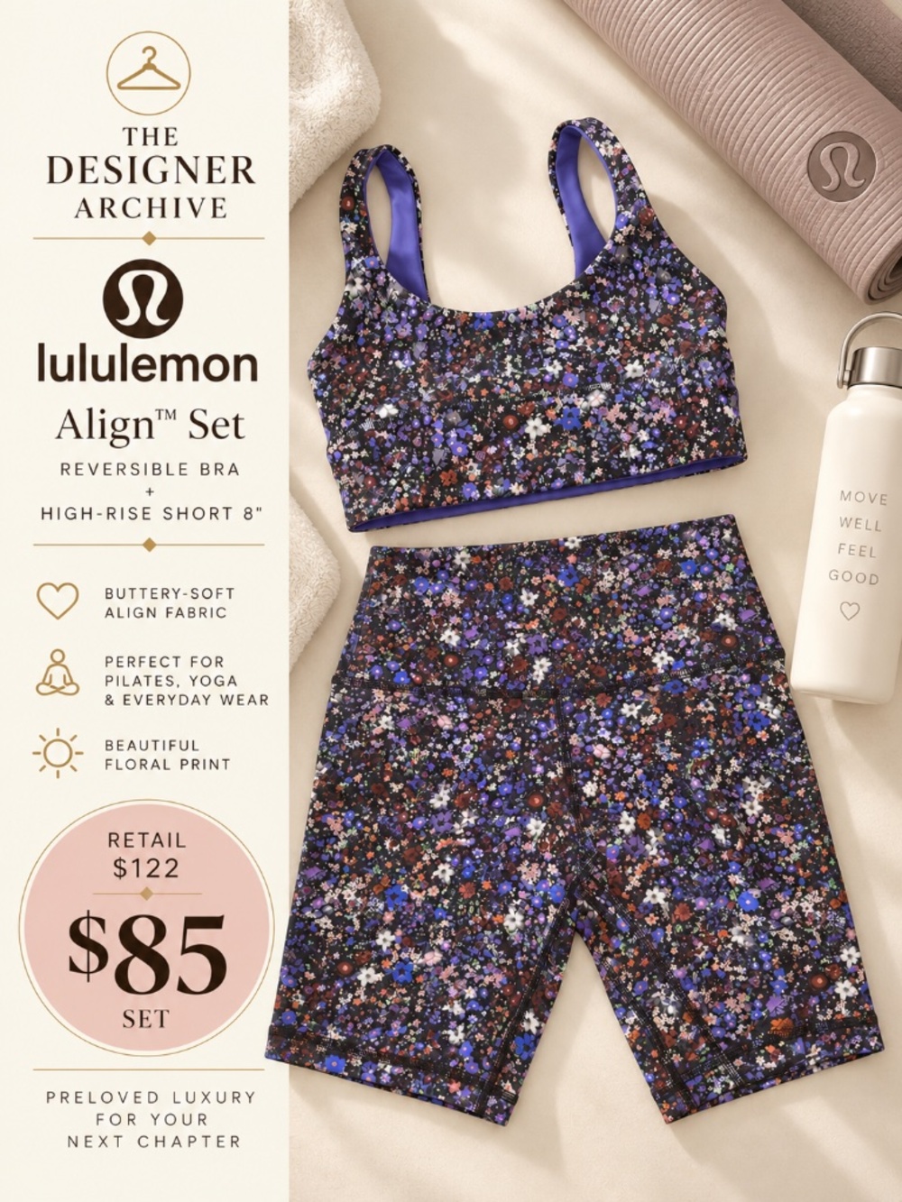 Lululemon Align Flower Burst Multi Bra & 8” Shorts Set Size 6
